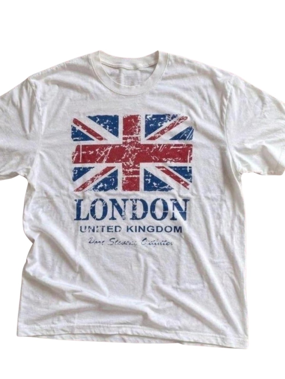 White Tee with Distressed Red and Blue Union Jack and London Print
